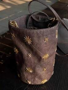 小众设计铆钉刺绣水桶包，夏季牛仔效果单肩包，新款中国风时尚百搭通勤休闲斜挎包，女士款 - 咖啡 - 查看 2