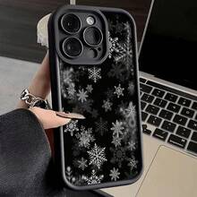 Black & White Snowflake Winter Phone Case, Festive Minimalist Aesthetic Shockproof TPU Cover - Chic Seasonal Protective Shell Compatible With IPhone X/Xs/Xsmax/11/12/13/14/15/16/17/17pro/17AIR/17Promax, Compatible With Galaxy S22/S23/S24/ S24 Ultra/S25 Ultra - 黑色 - 查看 1