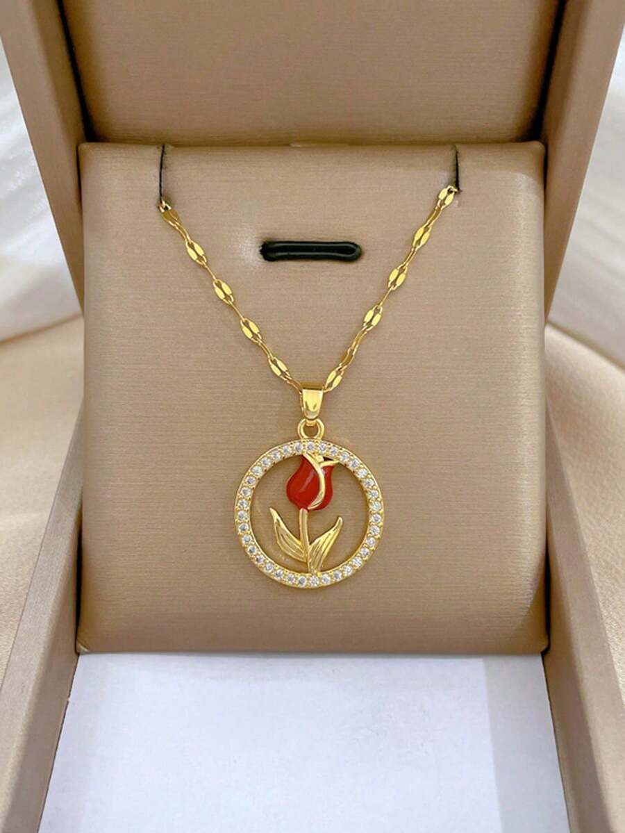 1 chiếc dây chuyền mặt dây chuyền hình hoa hồng tulip sang trọng, tối giản, làm từ thép không gỉ và titan, kiểu dáng cổ choker đa năng dành cho nữ. - Nhiều màu - Xem 1
