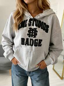 Toamna femeii moda casual sportswear Y2K stil stradal color-blocat litere brodate design mânecă lungă cardigan supradimensionat