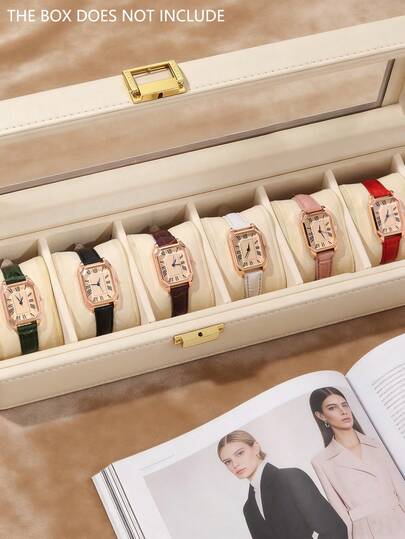 6 piezas Relojes de cuarzo casuales y sencillos para mujer, Set de relojes de mujer, con esferas cuadradas de oro rosa con números romanos, con correas multicolor verde/negro/marrón/blanco/rosa/rojo, el estilo es sencillo y elegante, mostrando un gusto refinado.