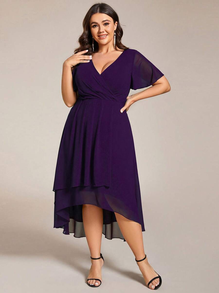 EVERPRETTY Vestido de Dama de Honor Talla Grande de Gasa con Volantes, Color Contrastante y Bajo Asimétrico