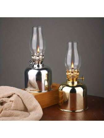 1pc Vintage Metal Oil Lamp With Adjustable Wick & Fuel Control Knob - Real Flame Coal/Paraffin Oil Burning Lantern, Kerosene Lamp, Antique Table For Indoor/Outdoor, Camping - No Required(Without Lamp Oil)