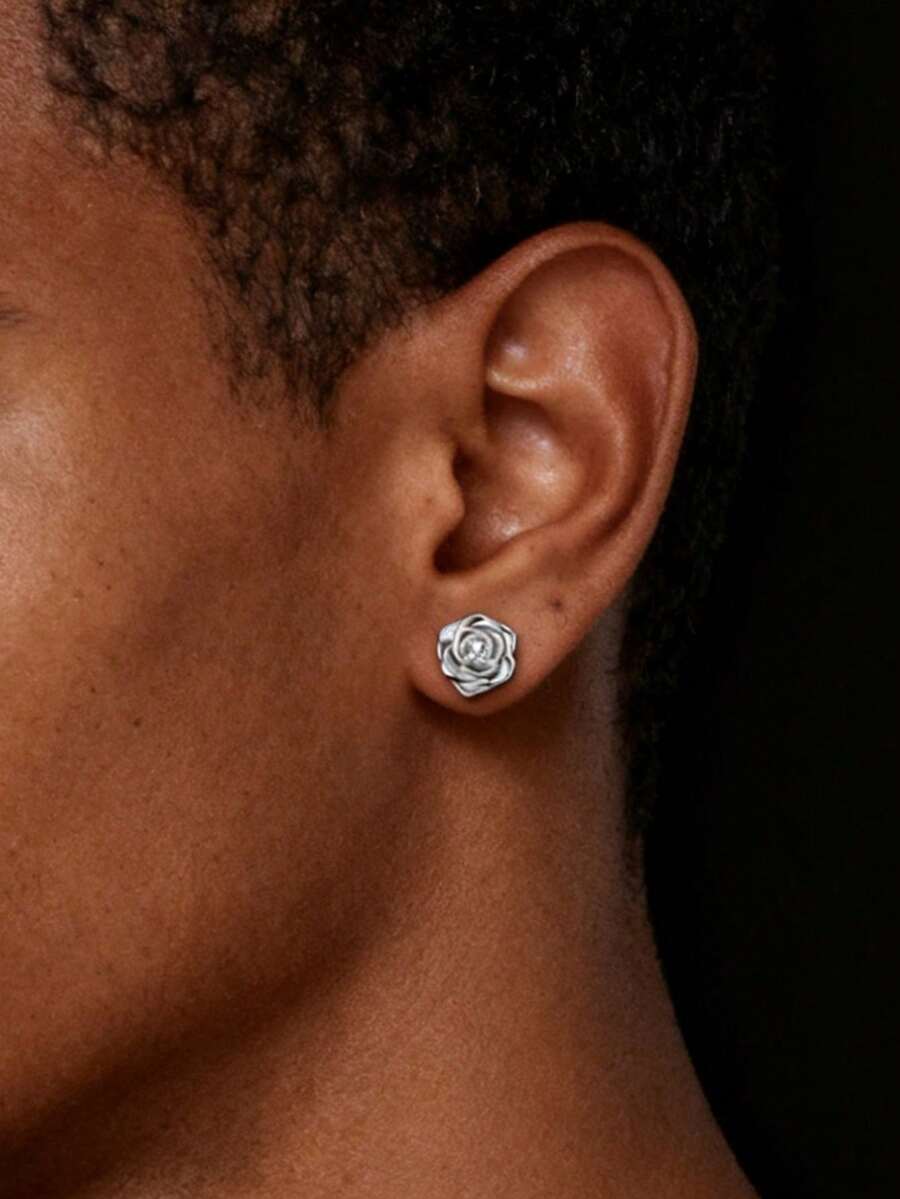 1 Pair Romantic Copper Inlaid Zirconia Rose Stud Earrings, Silver Rose Gold Earrings, Men's Everyday/Business Luxury Earrings, Valentine's Day Exclusive Gift - Rose Earrings - View 1