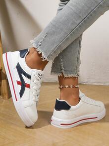 女士厚底运动鞋，春秋新款休闲平底防滑白色鞋，百搭学生鞋 - 紅色 - 查看 4