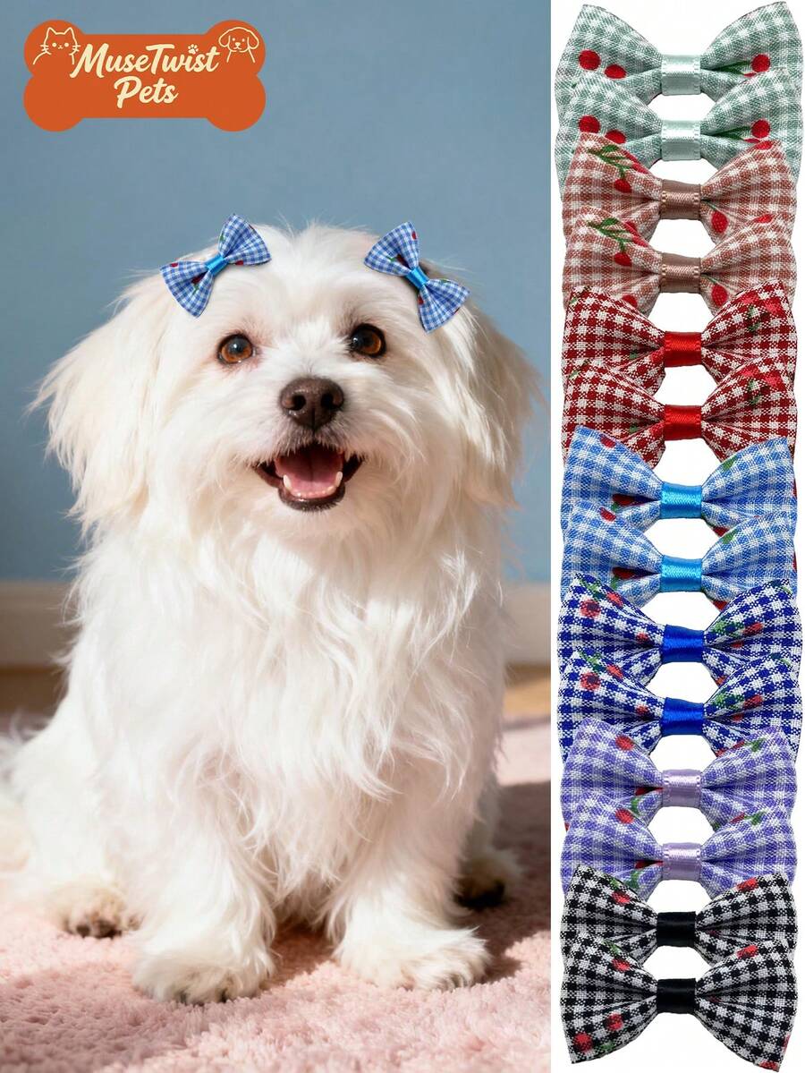 14pcs Cute And Stylish Cherry Plaid Bow Hair Clips, Pet Hair Accessories, Pet Grooming, Headwear Accessories, Suitable For Both Cats And Dogs, Perfect For Pet Holiday Decorations. - Multicolor - View 1