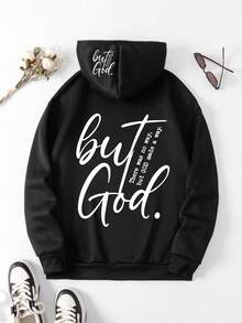 Plus Size Women's Graphic Print Sweatshirt With Drawstring, Pockets And Hood; Plus Size Women's Pullover Sweatshirt For Autumn/Winter Casual Black - Black - View 1