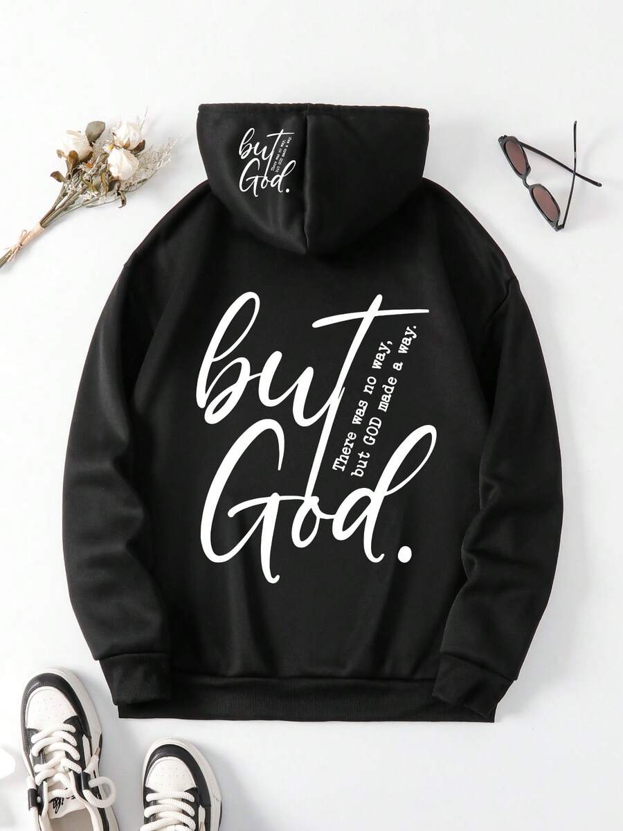 Plus Size Women's Graphic Print Sweatshirt With Drawstring, Pockets And Hood; Plus Size Women's Pullover Sweatshirt For Autumn/Winter Casual Black - Black - View 1