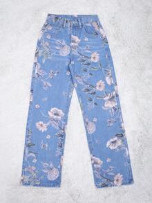 Y2K 90s Streetwear High Waist Printed Wide Leg Relaxed Fit Jeans, Comfortable Washed Denim Pants With Pockets, Suitable For Outdoor Activities Casual Vacation Spring - 藍色 - 查看 7