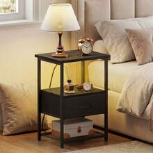 Tomnk 2pcs Modern LED Bedside Table With Charging Station & Fabric Storage Drawers, PU Finish Nightstand For Bedroom - 美規B型插(110-127V) - 查看 6