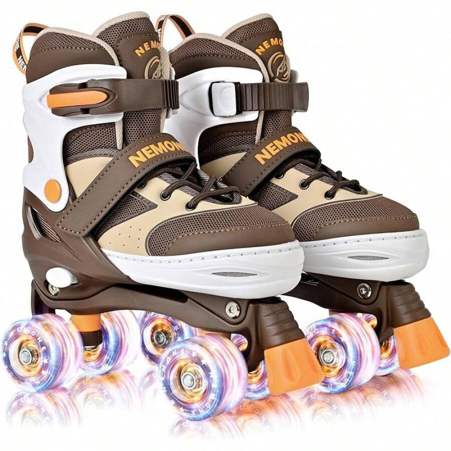 NewNEMONE Mermaid 4 Size Adjustable Light Up Roller Skates For Girls, Purple Blue Skates For Toddlers, Beginner Kids Butterfly Roller Skates Indoor OutdoorSeasonal Gifts - G- 復古 - 棕色 - 查看 1