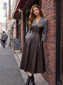 Vestido midi feminino elegante em couro PU marrom escuro com contraste de cores sólidas, modelo blazer com lapela e botões frontais, estilo coreano casual de negócios, ideal para o Ano Novo, primavera, outono e inverno, Natal e outras ocasiões formais. Um look elegante e moderno para mulheres. - Castanho Café - Ver 1