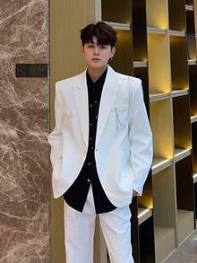 Men's Black Oversized Splatter Paint Blazer With Decorative Chain - Best Seller Streetwear Casual Formal Daily Outerwear - 黑色 - 查看 4