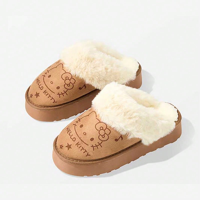 Miniso 1 par de pantuflas de mujer con estampado de Hello Kitty, suela gruesa con forro de felpa cálido, antideslizante y cómodas para usar en interiores - Marrón - Ver 1