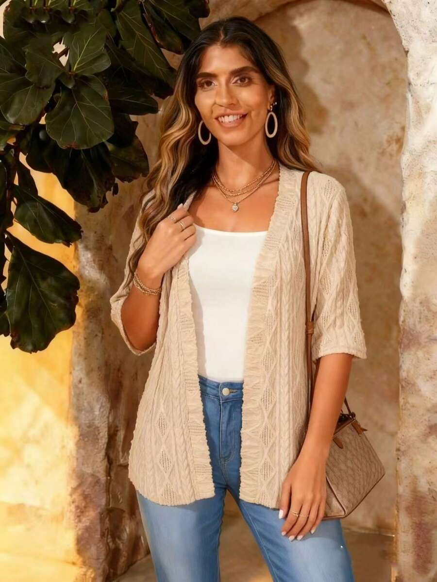 Women's Casual Lightweight Bohemian Knit Cardigan, Loose Fit, Versatile, Elegant, Suitable For Summer - Apricot - View 1