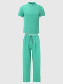Men's Short Sleeve Set, Bestselling Stand Collar Zipper Hospital/Beauty Salon/Doctor/Nurse Uniform - Mint Green - View 2