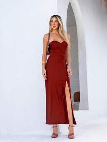 Strapless Maxi Dress With Slit, Trilobal Knit - Chocolate Brown - View 4
