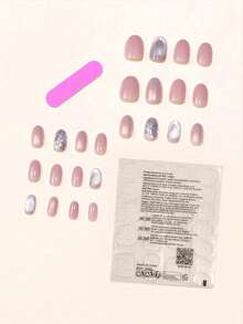 24 件粉色短椭圆形亚克力按压指甲，手工制作的奢华极光猫眼全覆盖按压指甲，带 1 件指甲抛光器和 1 件果冻凝胶指甲用品 - 彩色 - 查看 3