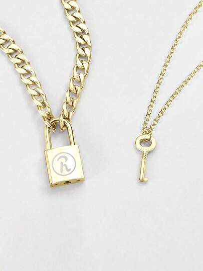 2件套字母锁和钥匙朋克嘻哈风格金属多色吊坠项链套装，男女通用，适合派对、音乐节，2026新款珠宝配饰