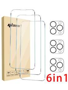 Bộ 6 miếng dán màn hình cường lực, tương thích với iPhone 17 Pro Max. Bao gồm 3 miếng dán màn hình cường lực độ phân giải cao và 3 miếng dán bảo vệ ống kính camera. Độ cứng 9H, thiết kế viền chống vỡ, phù hợp với tất cả các dòng 11/12/13/14/15/16 Pro Max/17 Pro Max. Miếng dán màn hình thiết yếu cho sử dụng hàng ngày, văn phòng và nhà. Chống nước, chống sốc, chống rơi, chống trầy xước. - Trong sáng - Xem 14