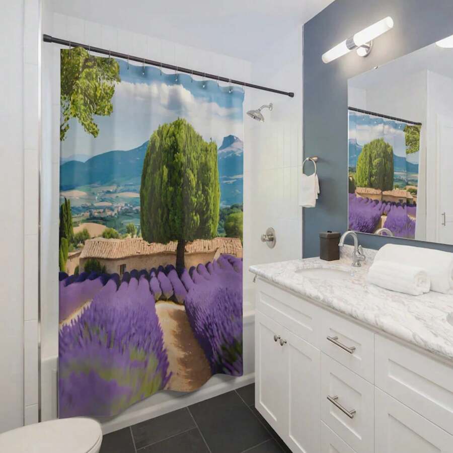 Lavender Field (A) Shower Curtain. Lavender Bathroom Decor Lavender Shower Decoration, Purple Floral Print. With Hooks (8-10pcs), Washable, Multiple Sizes 120x180/150x180/180x180 - A - View 1