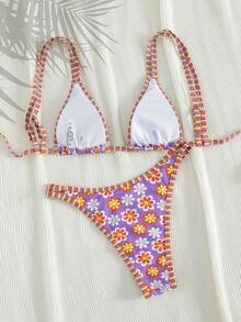 新款迷你花卉雙肩帶露背綁帶比基尼套裝，女性夏季海灘假期泳裝可愛時尚