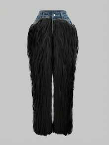 GLOURI Women's Faux Fur Jeans - High Waist Straight Leg Denim With Punk Rock Accents | Glam Night Out Pants For Weekend Parties & Evening Events (Edgy Street Style & Rocker Chic Vibes) - màu đen - Xem 3