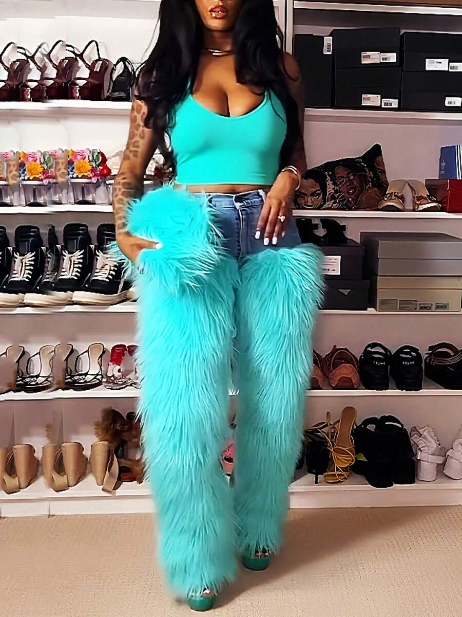 GLOURI Women's Faux Fur Jeans - High Waist Straight Leg Denim With Punk Rock Accents | Glam Night Out Pants For Weekend Parties & Evening Events (Edgy Street Style & Rocker Chic Vibes) - Hồ xanh - Xem 1