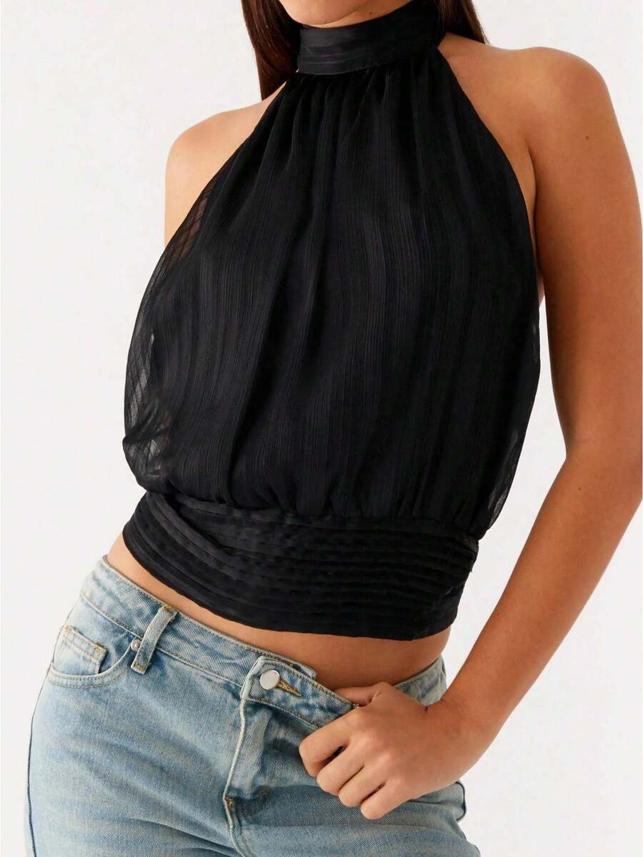 Women Halter Backless Tank Tops Cowl Neck Summer Going Out Cami Tops Women Halter Top Backless Tank Tops Cowl Neck Summer Going Out Outfits Cami Tops - 黑色 - 查看 1