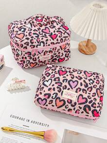 1pc Leopard Print Cosmetic Bag, Women's Fashion Heart-Shaped Makeup Bag Set, Suitable For Storing Cosmetics, Eyeshadow Palette, Lipstick, Lotion, Makeup Remover Products, Etc. Plaid Bow Makeup Organizer Bag, Essential For Travel, Large Capacity With Handle. - Multicolor - View 3