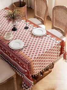 1 pièce Nappe rectangulaire bohème, motif géométrique de losanges rouges, décoration de franges beiges, lavable, nappe de table à manger, décoration de dessus de table, décoration de fête, nappe de fête, convient pour les rassemblements, les dîners, les fêtes, toutes les saisons - Rouge - Voir 13