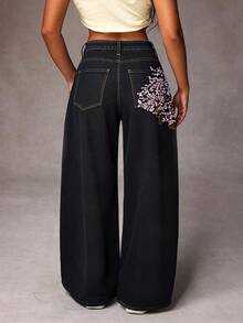Women's Plum Flower EmbroideryHip Hop Graphic Baggy Jeans Wide Leg Mid-Low Waist Jeans Loose Boyfriends Jeans 90s Vintage Denim Pants,Spring Clothes For Women - màu đen - Xem 4