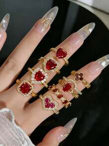 1pc Warm And Romantic 18k Gold Red Zirconia Women's Ring, Wedding Hundred Fashion Jewelry, Memorial Gift.