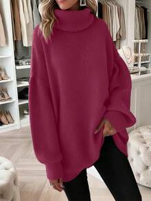 新款女士休闲时尚简约纯色针织高领毛衣，秋冬款 - 中紫紅色 - 查看 3