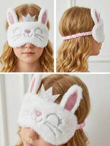 1pc Plush Crown Rabbit Sleep Eye Mask, For Children 8+ Years Old, Teens & Adults, Adjustable Satin Eye Shade, Sleeping Mask, Suitable For Napping, Airplane Travel, Hot/Cold Therapy - White - View 8