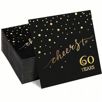 20 piezas/40 piezas/60 piezas, Servilletas de 60 cumpleaños, Celebra ¡Brindis por 60 años! Servilletas de cóctel, 6.5x6.5 pulgadas, para decoraciones de cumpleaños, aniversario de boda, negro y dorado, decoraciones de mesa de Halloween de 2 capas