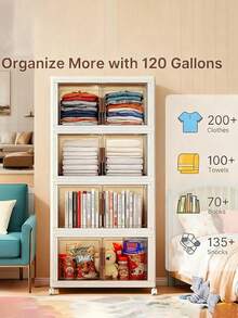 2/3/4/5 Layers    Collapsible Storage Bins With Lids, Folding Storage Box For Home, Kitchen And Office,Stackable Closet Organizer With Wheels, With Doors Cube Storage Containers - White - View 8