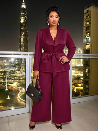 BIUBIU Women's Plus Size Autumn And Winter Thick High Elasticity Knitted Two Pieces Set, Elegant And Fashionable Asymmetrical Collar, Flared Waist Belt And Wide Leg Pants Set, Birthday Women's Set, Autumn And Winter Women's Set, Elegant Women's Set, Women's Business And Leisure Set/