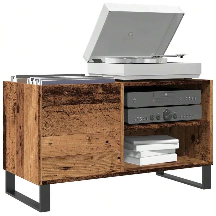 Meuble à disques vinyle vidaXL, aspect bois recyclé, 84,5 x 38 x 48 cm, bois d'ingénierie - Tabac - Voir 1