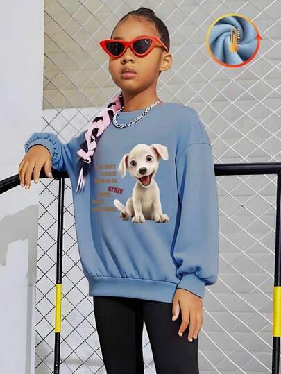 Tween Girl Sweatshirt, Kids' Style Black "Cartoon Puppy" Playful Casual Sweatshirt, Drop-Shoulder Casual, Versatile Thick Autumn/Winter Fabric With Warm Fleece Lining Round Neck Sweatshirt, Loose Fit, Comfortable Kids' Long-Sleeve Top