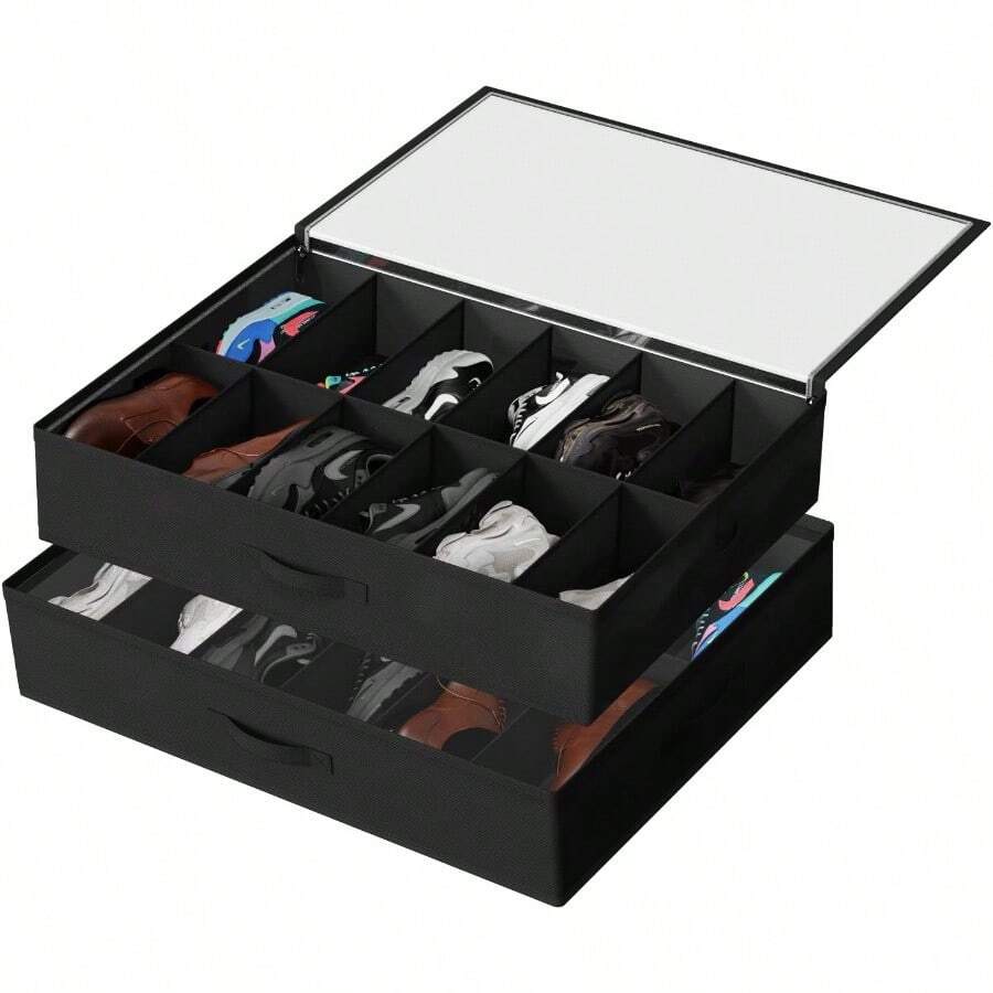 TLL TECHVIDA 2 Organizadores de Almacenamiento para Zapatos Organizadores de Zapatos Plegables con Cubierta Transparente y 2 Asas Reforzadas Negro9917 - negro - Ver 1