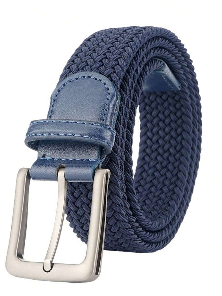 Men's Sports Belt - Sporty Chic - Elastic Braided Fabric, Leather Tip, Metal Buckle - 藏蓝色 - 查看 1