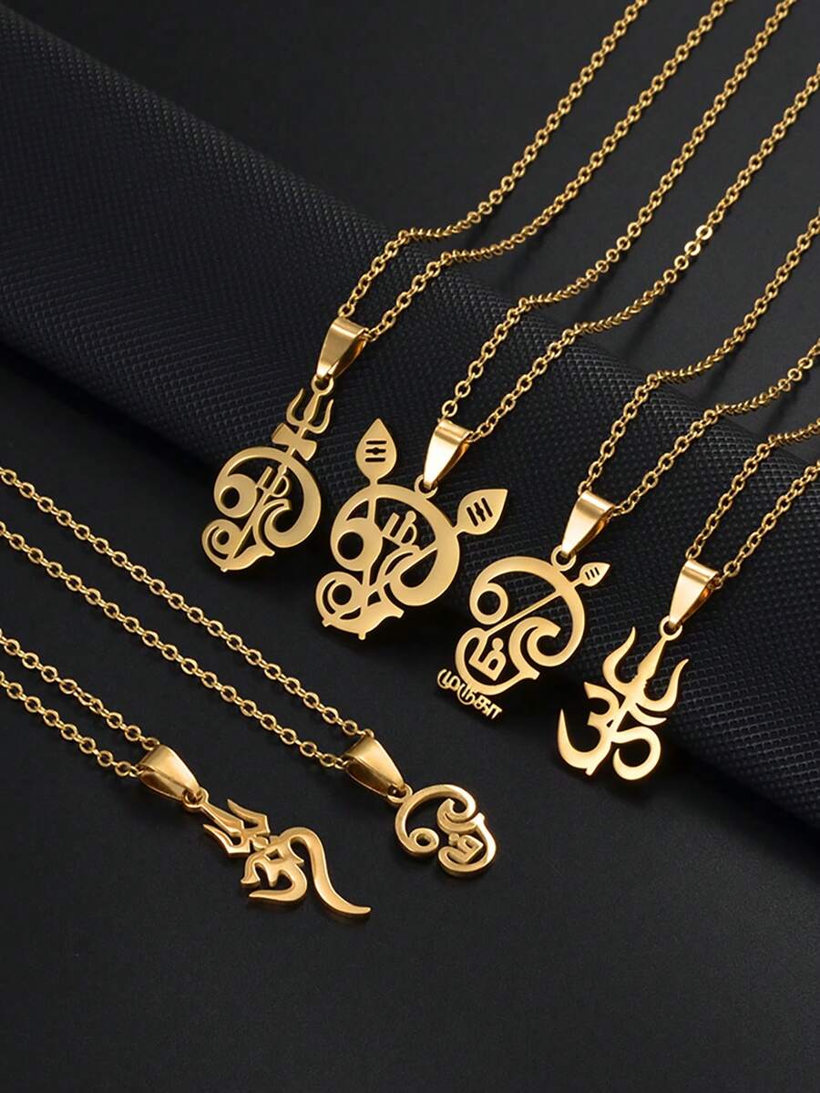 1 Stück Tamil "Om" Symbol Hindu Religiöser Anhänger Halskette, Edelstahl Spiritueller Schmuck für Frauen & Mädchen - Verschiedenfarbig - Übersicht 1