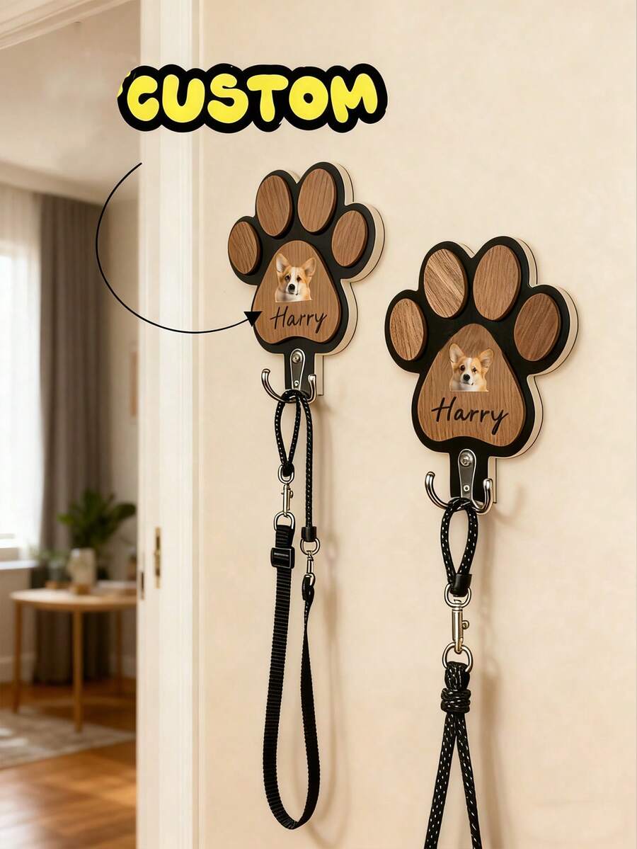 1 Móc treo dây xích chó hình xương bằng gỗ có thể tùy chỉnh, có thể khắc chữ, móc treo vòng cổ chó cá nhân hóa, phù hợp với vòng cổ và dây xích, chất liệu gỗ bền, móc kim loại điều chỉnh góc, kích thước tốt nhất 16*16cm, thiết kế hình dấu chân, lý tưởng cho người yêu chó và trang trí nhà cửa cho thú cưng, quà lưu niệm cho người yêu thú cưng. - Nhiều màu - Xem 1