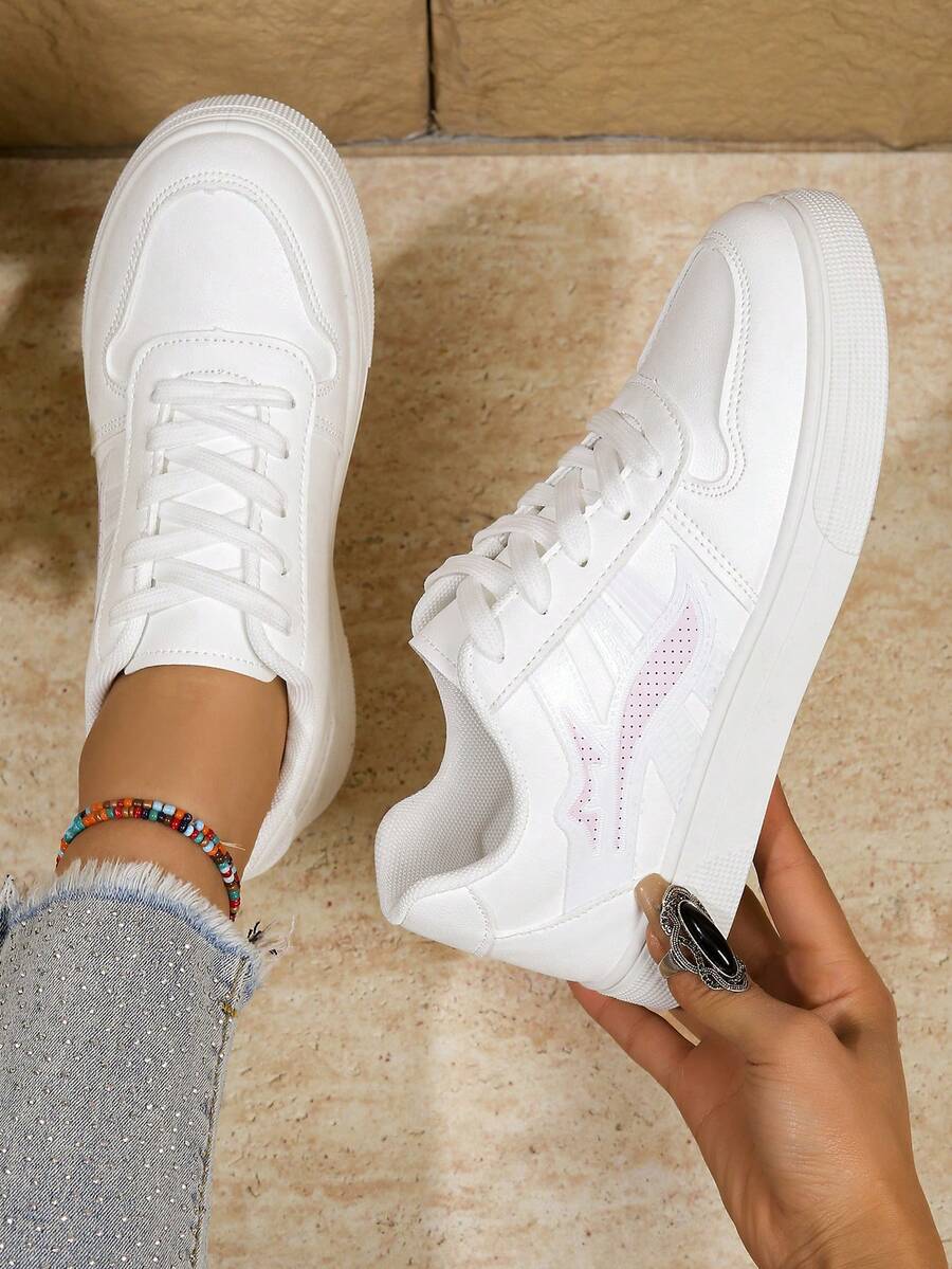 女士厚底运动鞋，新款春秋季百搭休闲平底防滑白色鞋，学生鞋 - 白色 - 查看 1