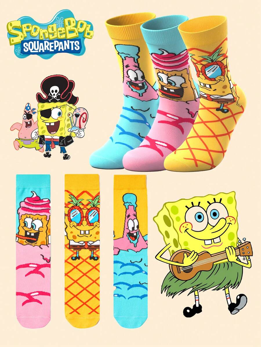 SpongeBob SquarePants 1/5/10双装卡通人物印花中筒袜套装,男女皆宜,趣味图案设计,适合日常穿着和送礼。 - 彩色 - 查看 1