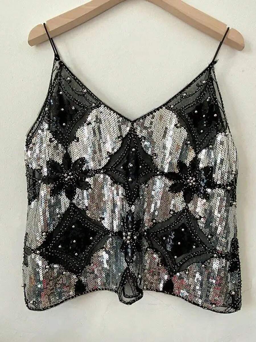Women's Semi See Through Sparkly Tank Top Y2K Sleeveless V Neck Floral Sequin Camisole Glitter Top Party Club Rave Outfits - 黑色 - 查看 1