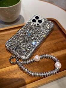 1PC Luxury Bling Bling Crystal Diamond-Studded Phone Case With Pearl Rhinestone Spinning Wheel Wrist Lanyard, Shockproof Hard Back Cover Compatible With IPhone 16 15 Plus 13 17 Pro Max & Galaxy S26 S25 Ultra A56 A16 & Redmi 15C - Elegant Gift For Women's Special Occasions - White Diamond Case + Bracelet - View 4