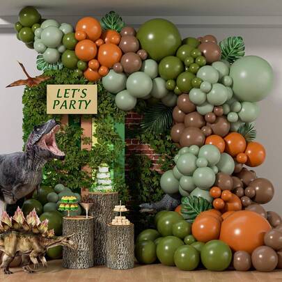 141 piezas Kit de arco de guirnalda de globos de dinosaurio, globos de látex marrón, naranja y verde salvia para decoración de fiesta de baby shower o cumpleaños con temática de dinosaurios y selva