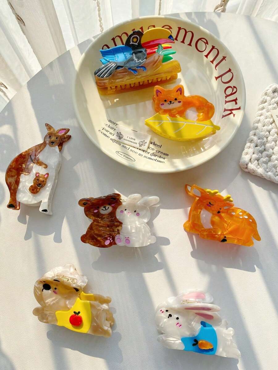 1 pièce Ensemble de pinces à cheveux avec motifs d'animaux mignons, incluant ours, chat, requin, chien, taureau, en matériau acétate, convient aux femmes et aux filles, idéal pour les cadeaux. Nouveaux styles comme glace, sucette cerise, carreaux, accessoires de mode élégants et adorables pour les cheveux avec pinces griffes - Multicolore - Voir 1